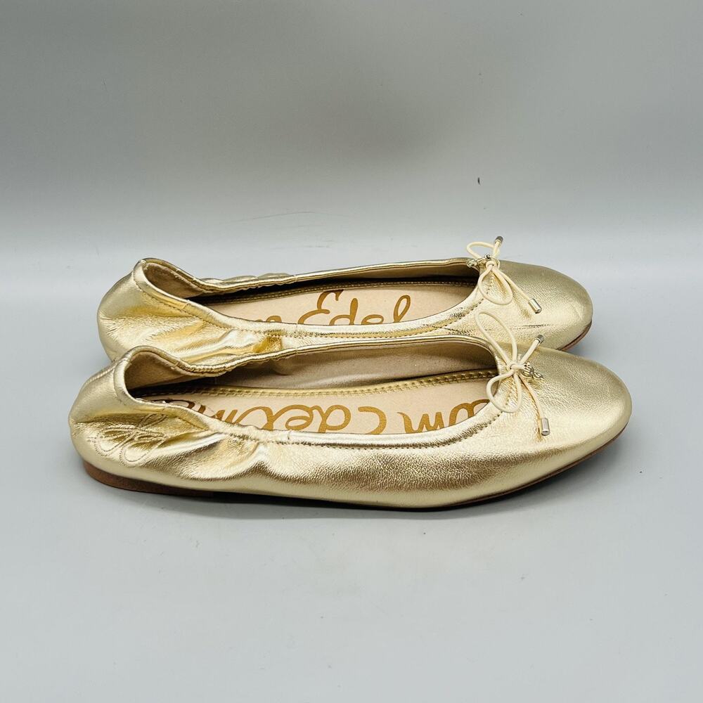 Sam Edelman Shoes Girls 4 Gold Metallic Ballet Flats Bow Slip On Dressy Casual